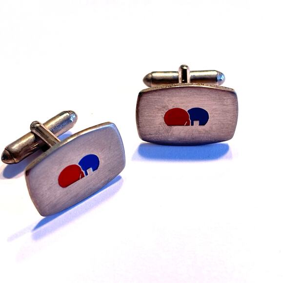 Silver cufflinks with red & blue enamel design unique mid century modernist - Picture 1 of 7